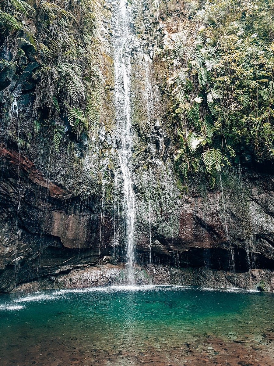 The waterfall looks like 25 little streams are pouring down from the top of the cliff walls into one big turquoise pool, Madeira