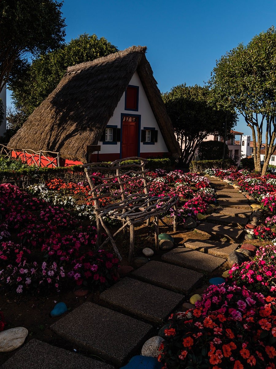 Flowers and traditional house in Santana, Madeira
