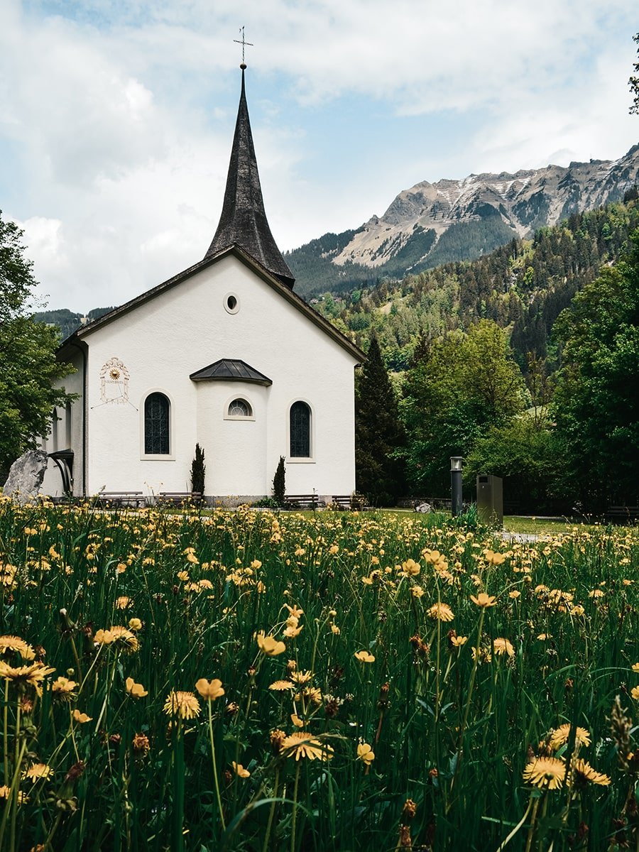 Flowers and an old church