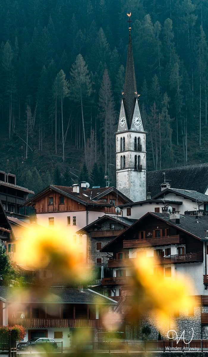 Flowers and architecture in Alleghe, Northern Italy