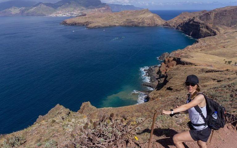 A breathtaking view of Ponta de São Lourenço's rugged coastal cliffs against the backdrop of the Atlantic Ocean