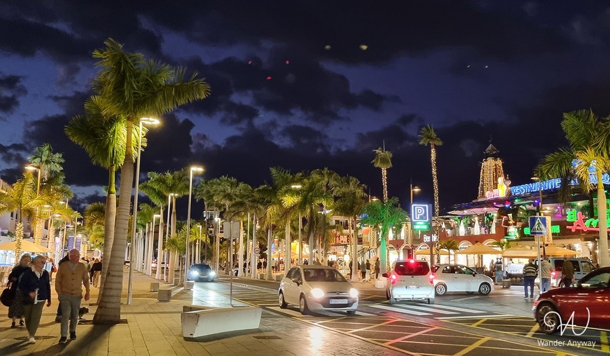 Lively promenade and dynamic atmosphere in Los Americas, Tenerife
