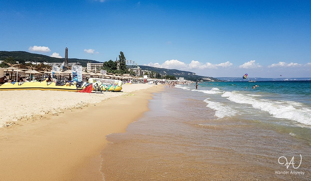 Sunny Beach: Bustling seaside scene with turquoise waters and sandy shores, Bulgaria.