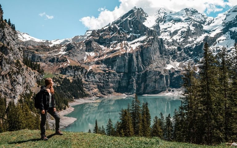 Breathtaking view of Oeschinen Lake from a scenic lookout point