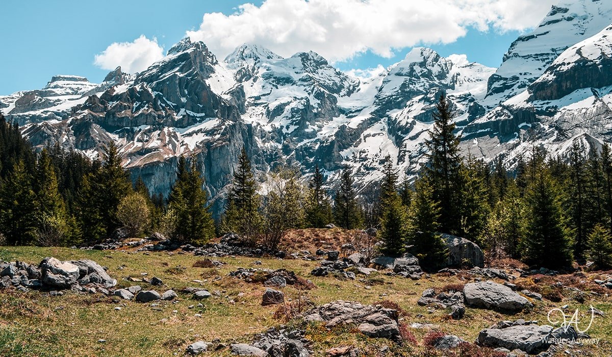 Breathtaking view of the alps in Switzerland on the Oeschinen Lake trail.