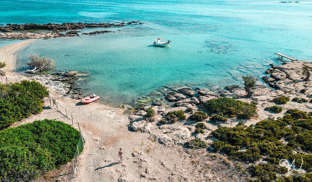 Aerial view of Elafonisi Beach with pink sand and turquoise waters