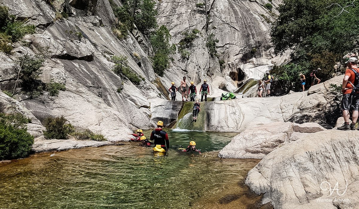 Canyoners at Purcaraccia Waterfalls in Corsica
