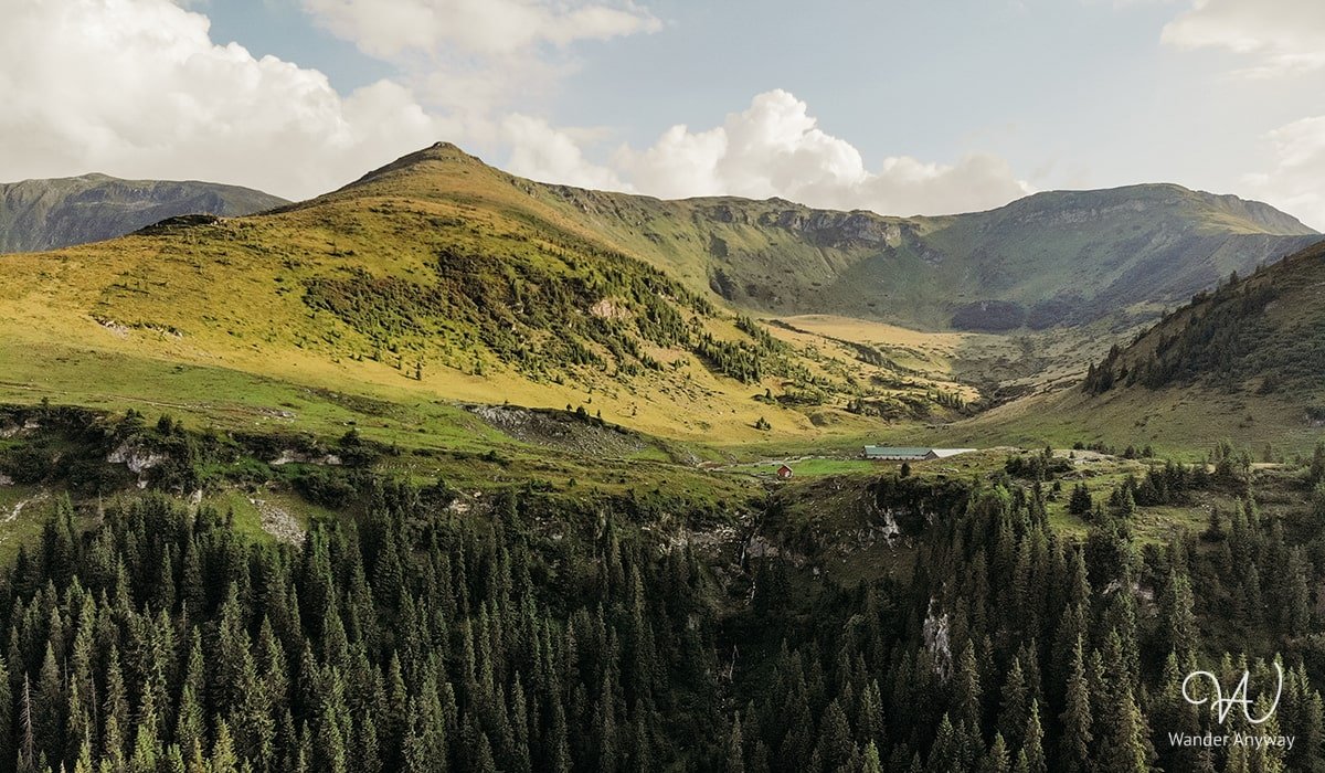 Distant view of the Rodnei Mountains from the Horses' Waterfall