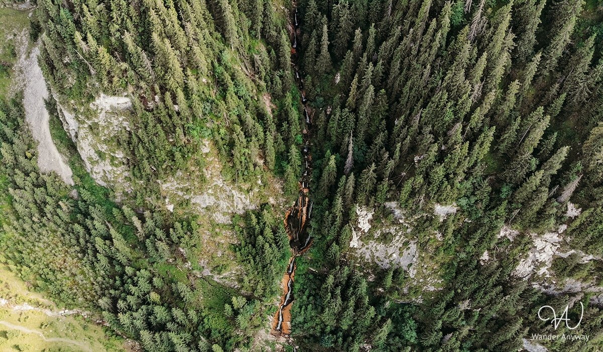 Aerial view of the Horses' Waterfall in the Carpathian Mountains