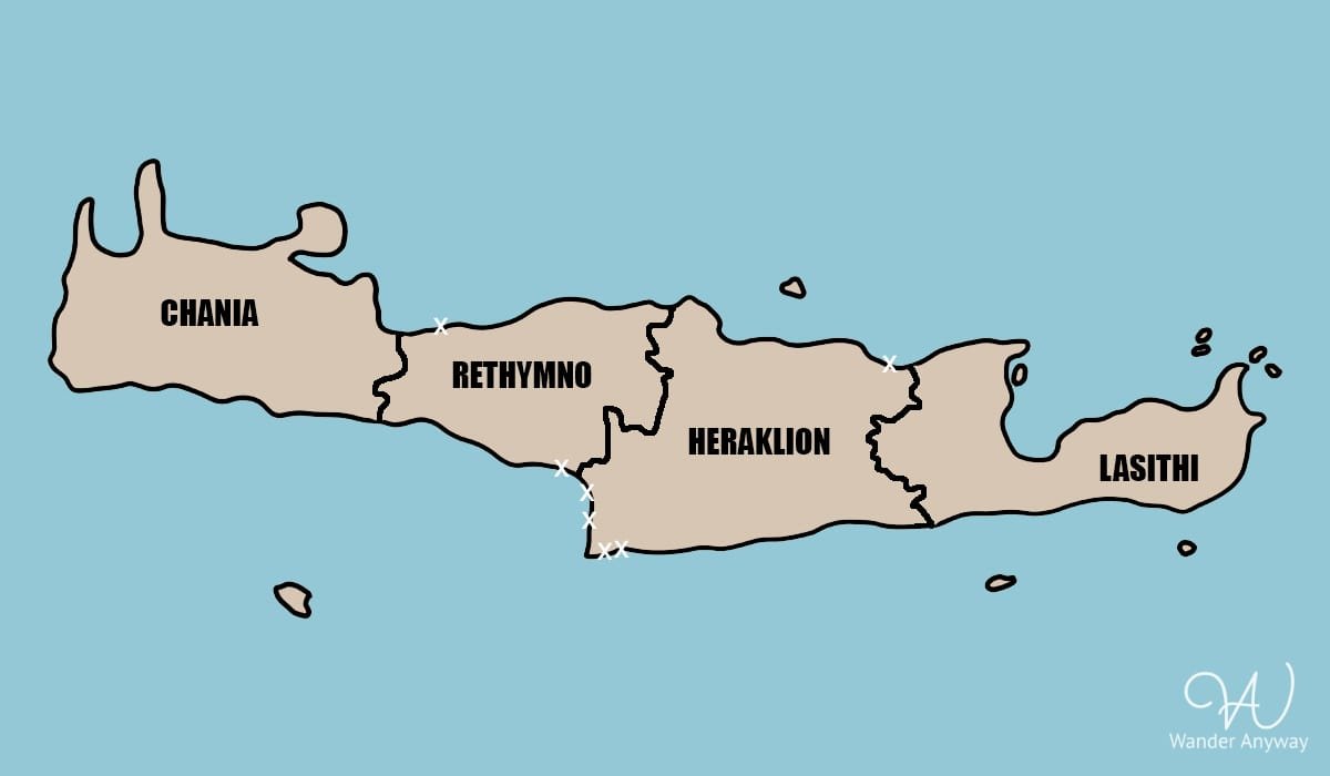 Map of Crete with beaches marked in the Rethymno and Heraklion regions