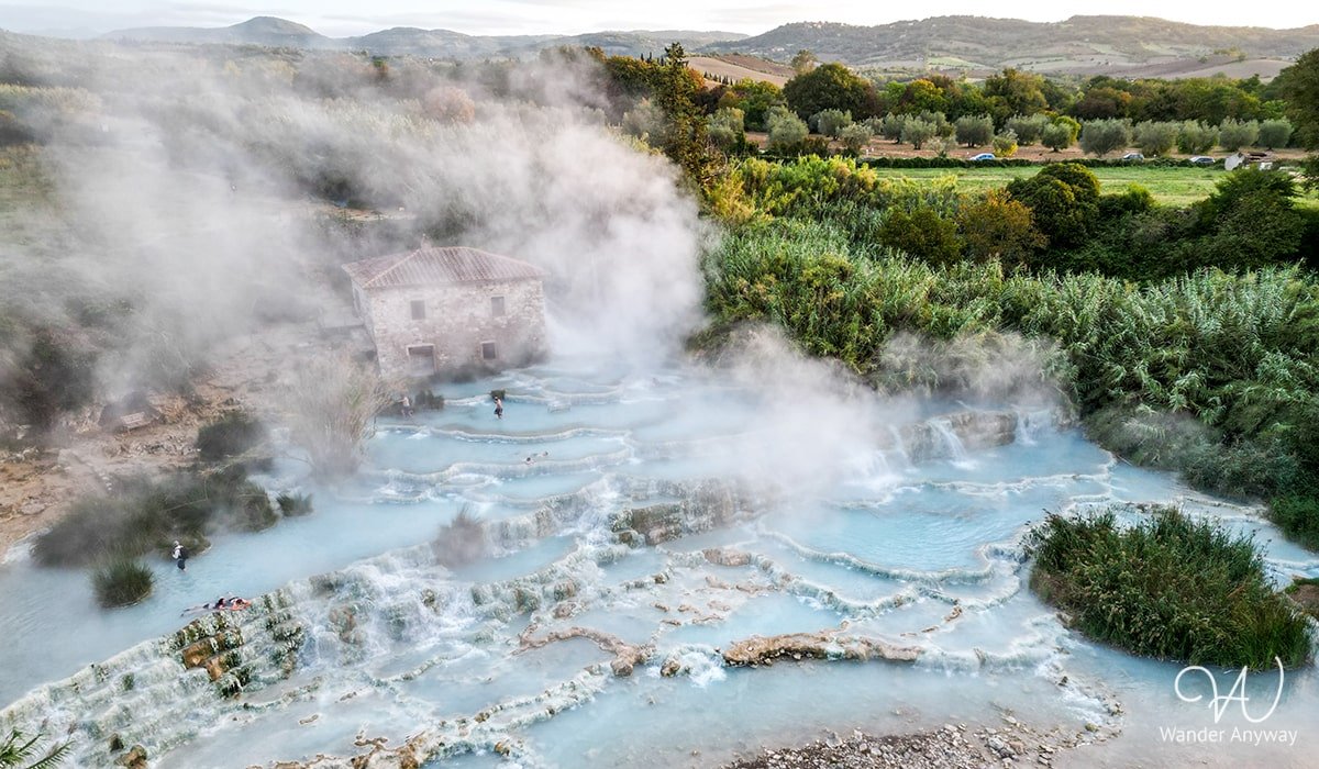Cascate del Mulino's natural hot springs and limestone cascades, a free attraction near Saturnia, Italy