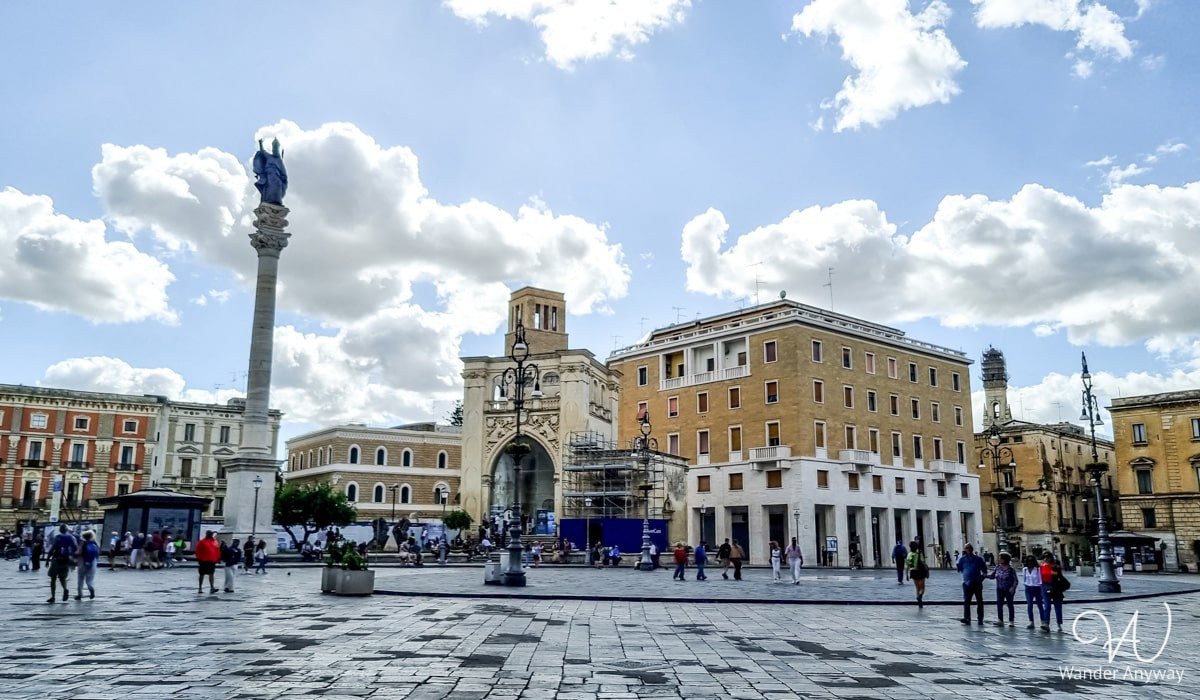 Lively Piazza Sant’Oronzo in Lecce, where history meets modern life with its cafes, monuments, and historic ruins.