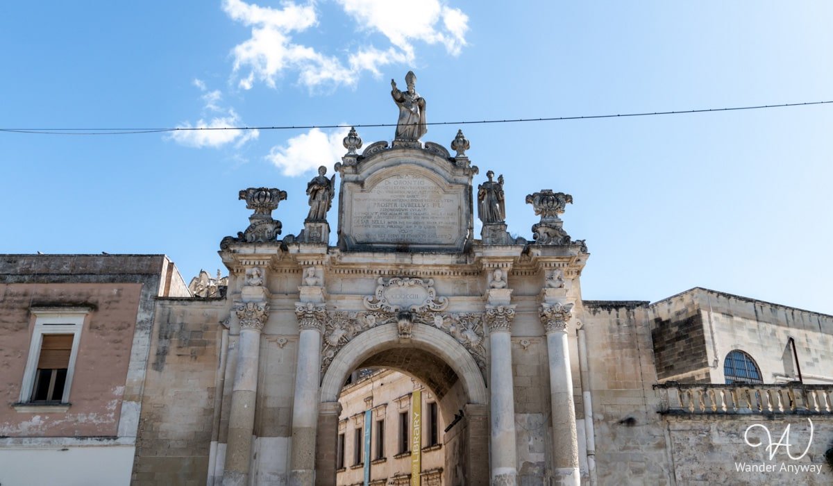 Porta Rudiae, the oldest gate in Lecce, featuring statues of saints and serving as a historic passage into the city’s Baroque heart. (Top things to do in Lecce)