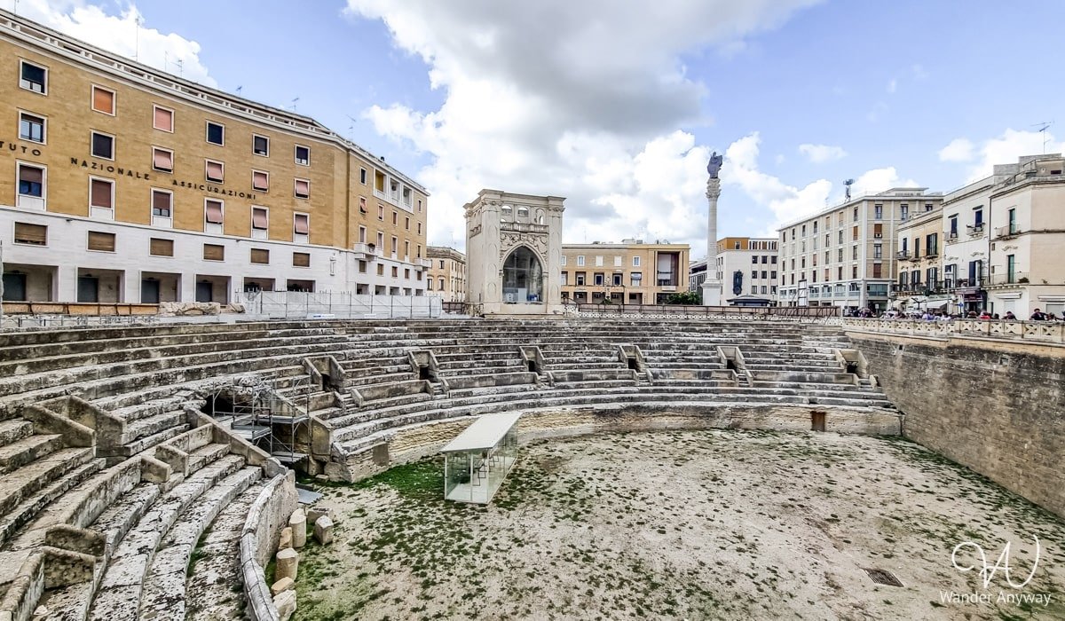 The Roman Amphitheater of Lecce, an ancient ruin in Piazza Sant’Oronzo that once hosted gladiator battles—one of the Top Things to Do in Lecce for history lovers.