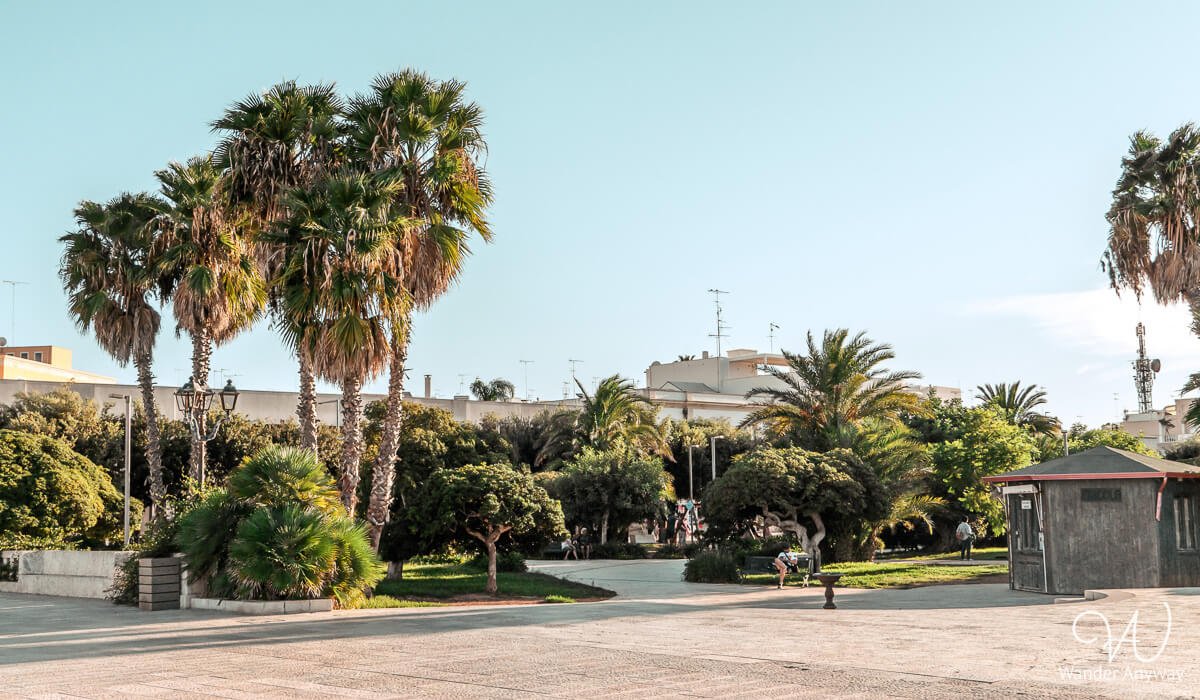 Sunlight filtering through the trees in Otranto’s public park, a relaxing spot for visitors.