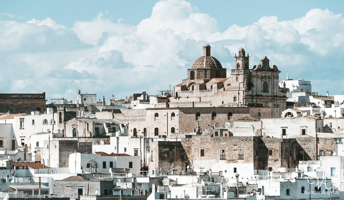 Whitewashed buildings and narrow alleys in Ostuni’s historic center in Puglia