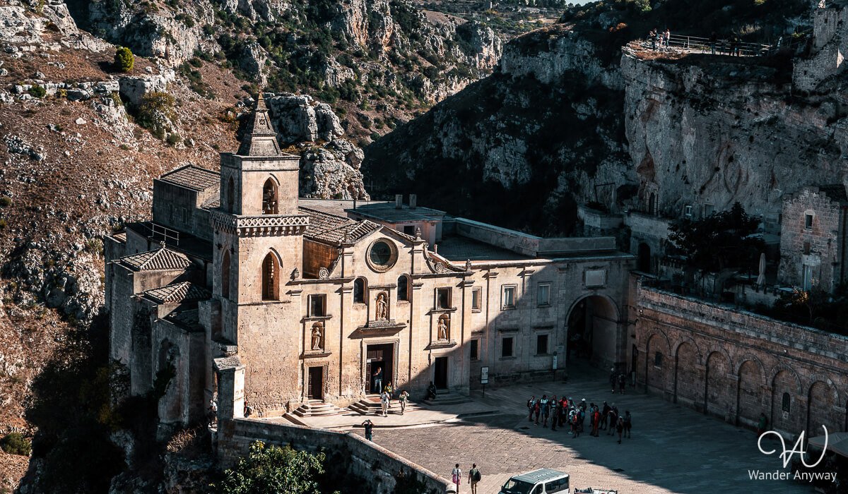 San Pietro Caveoso church and ravine backdrop in Matera