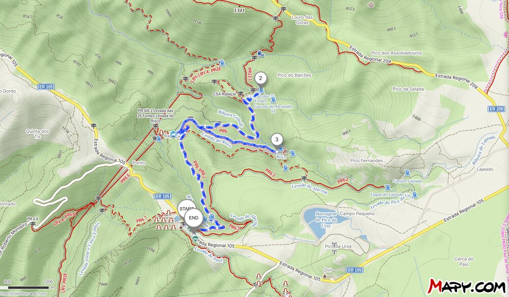 Map showing hiking route from ER105 to 25 Fontes and Risco Waterfall