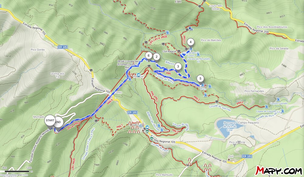 Map of 25 Fontes hike starting from tunnel on ER211 road