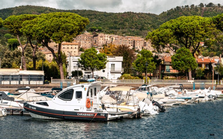 Boats docked at Bolsena harbor with lakeside trees