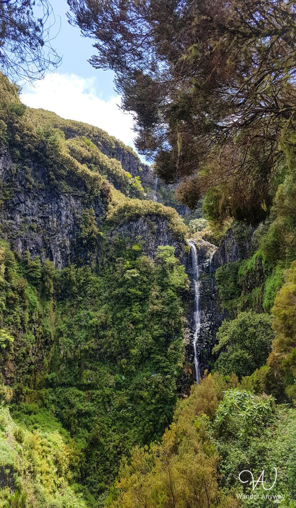 Risco Waterfall cascading over mossy cliffs in Madeira