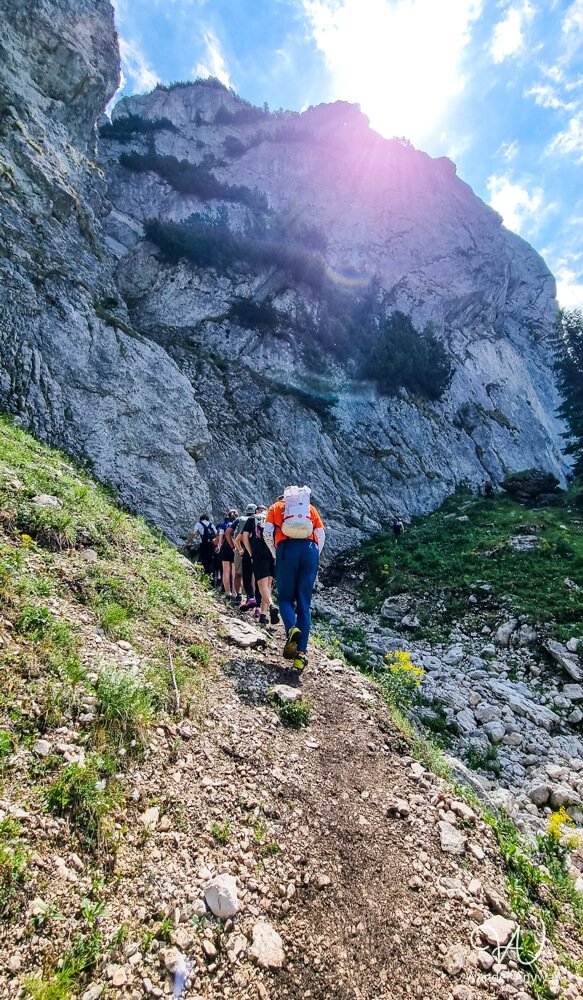 Hiker ascending a steep mountain trail at the Piatra Craiului Loop Hike