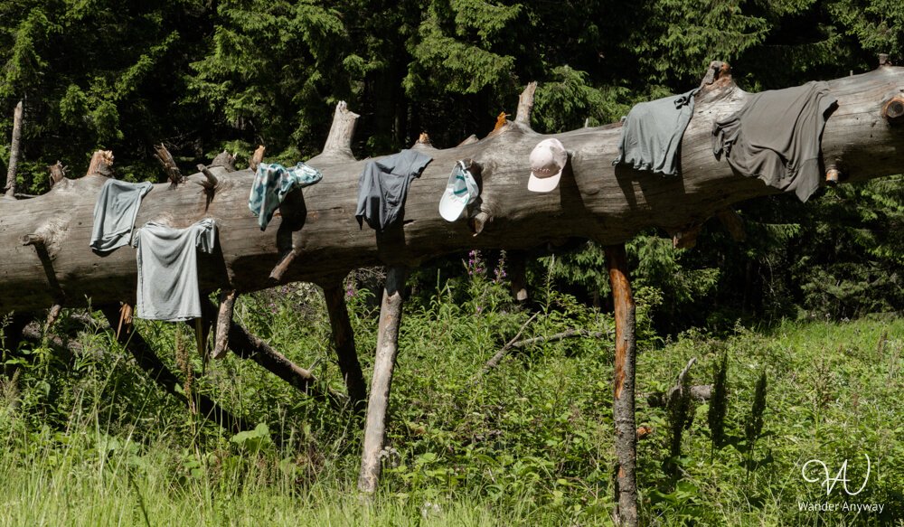 Clothes drying on a wooden fence in a forest clearing near the ridge